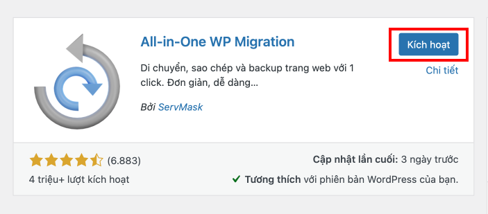 Kích hoạt plugin All-in-One WP Migration