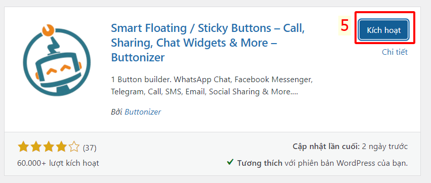 Kích hoạt plugin Buttonizer - Smart Floating Action Button