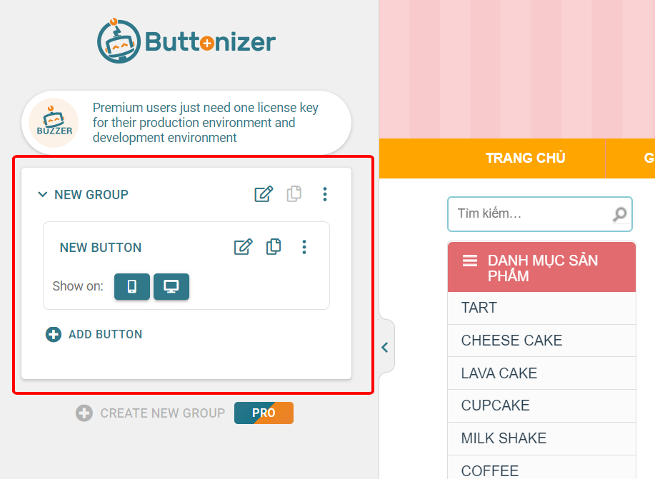 Hướng dẫn cài đặt nút hotline dùng plugin Buttonizer - Smart Floating Action Button - Giao diện khi nhấn mở Buttonizer