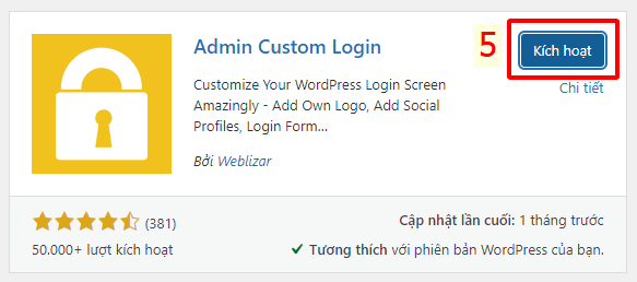 Tùy chỉnh trang đăng nhập WordPress Admin với plugin  Admin Custom Login - Kích hoạt plugin Admin Custom Login