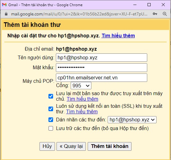 Hướng dẫn cài đặt email pro vào google mail 